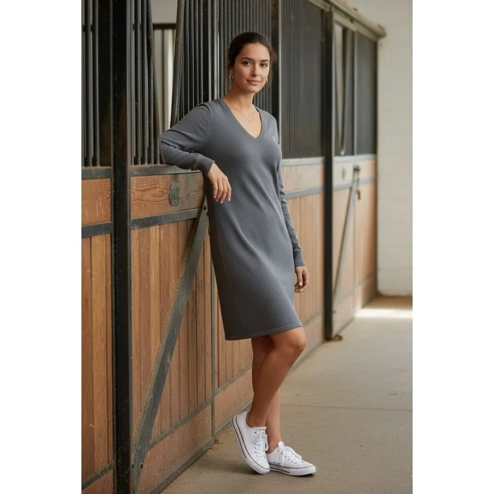 NWT Ralph Lauren Sport V-neck Shift in Gray Cotton Merino Wool Sweater Dress XL - Picture 2 of 6